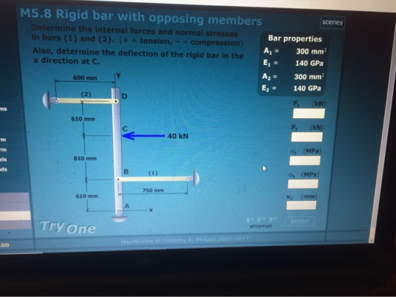 M5.8 Rigid bar with opposing members scenes Determine the internal forces and normal stresses in bars (1) and (2). (+ = tensi
