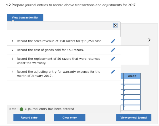 1.2 Prepare journal entries to record above transactions and adjustments for 2017. View transaction list Record the sales revenue of 150 razors for $11,250 cash. Record the cost of goods sold for 150 razors. Record the replacement of 50 razors that were returned 1 2 3 under the warranty. 4 Record the adjusting entry for warranty expense for the month of January 2017. Credit Note journal entry has been entered Record entry Clear entry View general journal