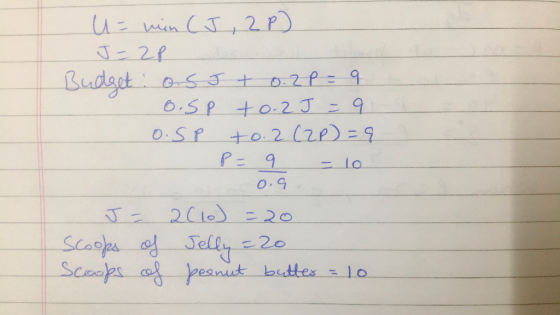 U= min CJ, 2P) J = 2p Budget : o.s J + 0.2 P= 9 O.Sp to 2 J = 9 O.SP to. 2 (2p) = 9 P= 9 = 10 0.9 J = 2010) = 20 Scoops of Je