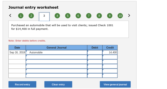 Journal entry worksheet 2 4 5 6 9 10 Purchased an automobile that will be used to visit clients; issued Check 1001 for $14,400 in full payment. Note: Enter debits before credits. Date General Journal Debit Credit Sep 16, 2019 Automobile 14,400 Record entry Clear entry View general journal