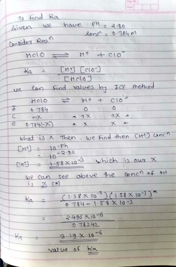 To find Ra Given we have pH = 2.80 Consider Rean lone - 0.784 m Holo - Ht tclo Ka = [ht] [clo- LCHclo we can find values by I