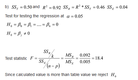 b) SS, = 0.50 and R = 0.92 SSR = R² * SS, = 0.46 SS, = 0.04 Test for testing the regression at a = 0.05 H, = B. = B, = .... =