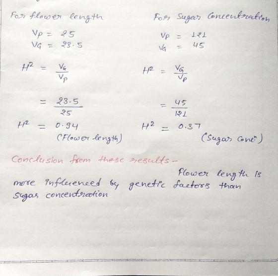 Foss Suger concentration For flower length Vp = 25 VG = 23.5 Up = 122 VG = 45 42 = va = 23.5 25 0.94 (Flower length) H2 = H²