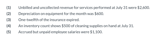 (1) (2) (3) (4) (5) Unbilled and uncollected revenue for services performed at July 31 were $2,600. Depreciation on equipment