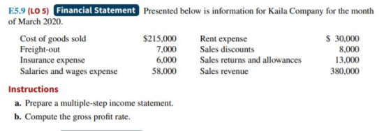 E5.9 (LO 5) Financial Statement Presented below is information for Kaila Company for the month of March 2020. Cost of goods s
