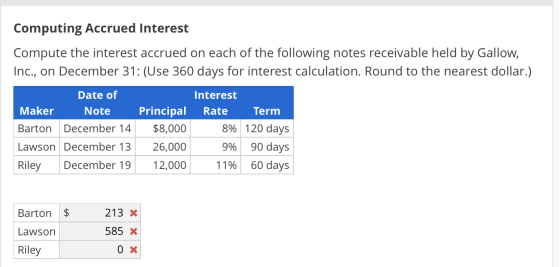 Computing Accrued Interest Compute the interest accrued on each of the following notes receivable held by Gallow, Inc., on De