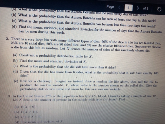 Page >of 3 What Is the probability that the Aurora Borealis can be seen every day of this week a (b) What is the probability