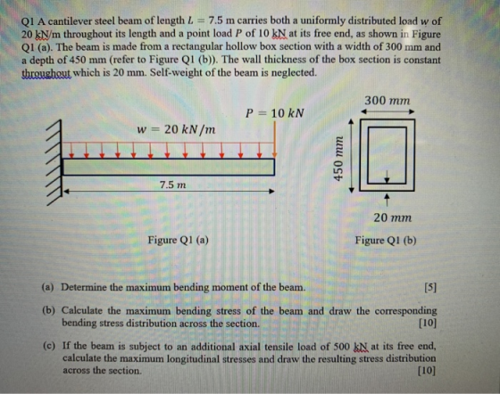 QI A cantilever steel beam of length L 7.5 m carries both a uniformly distributed load w of 20 kN/m throughout its length and