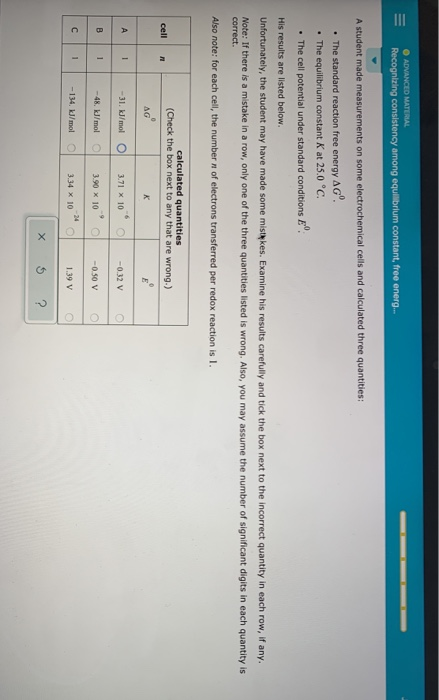 ADVANCED MATERIAL Recognizing consistency among equilibrium constant, free energ... A student made measurements on some elect