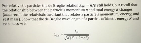 For relativistic particles the de Broglie relation