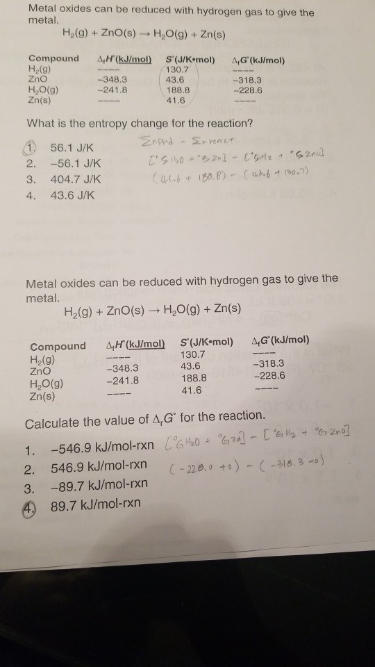 Metal oxides can be reduced with hydrogen gas to give the metal. H2(g) ZnO(s) H2O(g) +Zn(s) Compound Ha(g) Zno AH(kJ/mol) AG