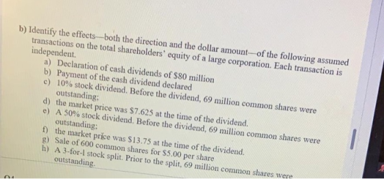 b) Identify the effects-both the direction and the dollar amount-of the following assumed transactions on the total sharehold