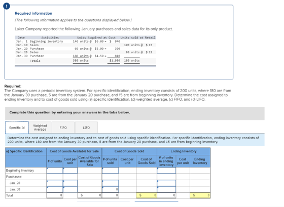 Required information The following information applies to the questions displayed below.] Laker Company reported the following January purchases and sales data for its only product. Units Acquired at Cost Units sold at Retail 140 units$6.840 Activities Jan. 1 Beginning inventory Jan. 10 Sales Jan. 20 Purchase Jan. 25 Sales an. 30 Purchase 100 units 15 60 units$5.00300 80 units 15 180 units $4.50-81e 380 units Totals $1,950 180 units Required The Company uses a periodic inventory system. For specific identification, ending inventory consists of 200 units, where 180 are from the January 30 purchase, 5 are from the January 20 purchase, and 15 are from beginning inventory. Determine the cost assigned to ending inventory and to cost of goods sold using (a) specific identification, (b) weighted average, (c) FIFO, and (a) LIFO Complete this question by entering your answers in the tabs below Weighted Average Specific Id FIFO LIFO Determine the cost assigned to ending inventory and to cost of goods sold using specific identification. For specific identification, ending inventory consists of 200 units, where 180 are from the January 30 purchase, 5 are from the January 20 purchase, and 15 are from beginning inventory a) Specific Identification Cost of Goods Available for Sale Cost of Goods Sold Ending Inventory Cost per Available for sold Cost of Goods | # of units # of units | Cost #Of units unit Cost per Ending unit | Goods Sold | ending | er unitInventory Sale invent Beginning inventory Purchases Jan. 20 Jan. 30 Total