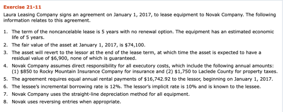 Exercise 21-11 Laura Leasing Company signs an agreement on January 1, 2017, to lease equipment to Novak Company. The followin