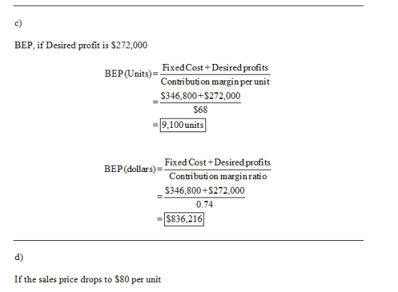 BEP, if Desired profit is $272.000 Fixed Cost + Desired profits BEP(Units)= Contribution margin per unit $346,800+S272.000 $6