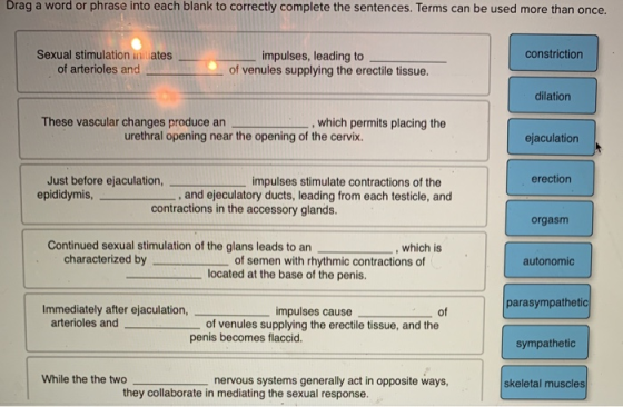 Drag a word or phrase into each blank to correctly complete the sentences. Terms can be used more than once. constriction Sex