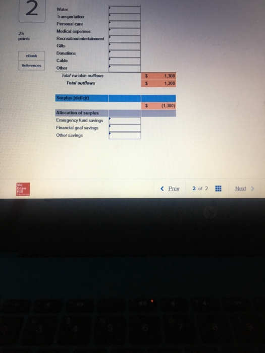 2 Water Personal care Medical expenses 25 points Gilts eBlook Cable Other Total variable outflows Total outflows (1.300) surplus Emergency fund savings Financial goall savings Other savings K Prey 2 of 2Next