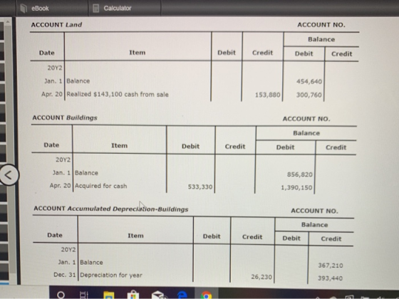 eBook Calculator ACCOUNT Land ACCOUNT NO. Balance Item Debit Credit Date Debit Credit 20Υ2 454,640 300,760 Jan. 1 Balance Apr