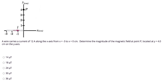 Y(cm) 4P 3+ X(cm) -2 -1 A wire carries a current of 12 A along the x-axis from x = -3 to x = 0 cm. Determine the magnitude of