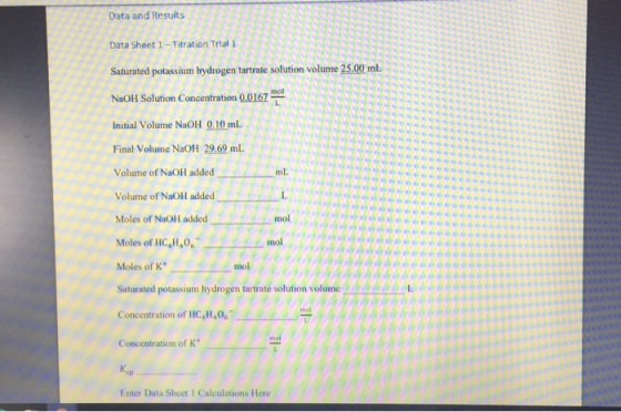 Data and Results Data Sheet 1-Titration Trial 1 Saturated potassium hydrogen tartrate solution volume 25.00 mL NaOH Solution