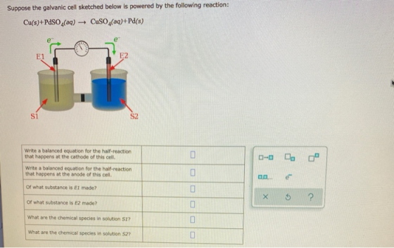 Suppose the galvanic cell sketched below is powered by the following reaction: Cu(s)+PdSO (aq) - CuSO4(aq)+Pd(s) Write a bala