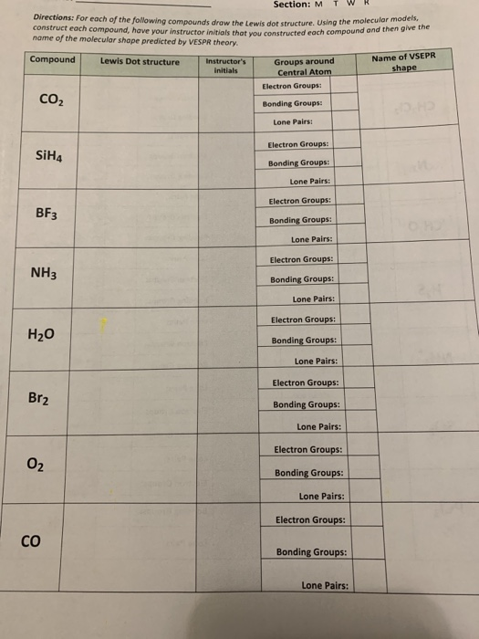 Section: M T WR Directions: For each of the following compounds draw the Lewis det structure. Using the molecular construct e