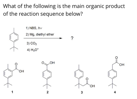 What of the following is the main organic product of the reaction sequence below? 1) NBS, hv 2) Mg, diethyl ether 3) CO2 4) H