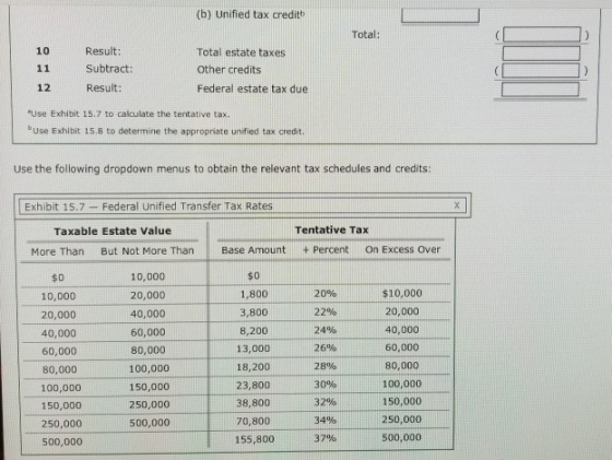 (b) Unified tax credit Total: Result: Subtract: Result: 10 Total estate taxes Other credits Federal estate tax due 12 Use Exhibit 15.7 to caloulate the tentative tax. Use Exhibit 15.8 to determine the appropriate unified tax credit. Use the following dropdown menus to obtain the relevant tax schedules and credits: Exhibit 15.7 Federal Unified Transfer Tax Rates Taxable Estate Value Tentative Tax More Than But Not More Than Base Amount + Percent On Excess over $0 10,000 20,000 40,000 60,000 80,000 100,000 150,000 250,000 500,000 10,000 20,000 40,000 60,000 80,000 100,000 150,000 250,000 500,000 1,800 3,800 8,200 13,000 18,200 23,800 38,800 70,800 155,800 2 0% 22% 24% 26% 28% 30% 32% 34% 37% $10,000 20,000 40,000 60,000 80,000 100,000 150,000 250,000 500,000