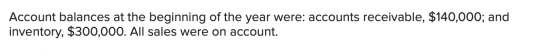 Account balances at the beginning of the year were: accounts receivable, $140,000; and inventory, $300,000. All sales were on