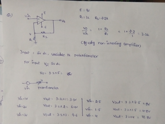 E 9V vih R1z IK R22 9.9k -E VO 1 R2 RI 3-2k V R2 R CRy Ushg nan inverfing amplifier) Input Sv de, vaeiable tk potentiometer F