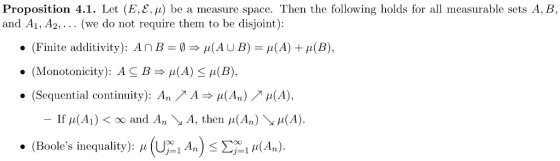 Proposition 4.1. Let (E,E. u) be a measure space. Then the following holds for all measurable sets A, B and A, A2,.. (we do n