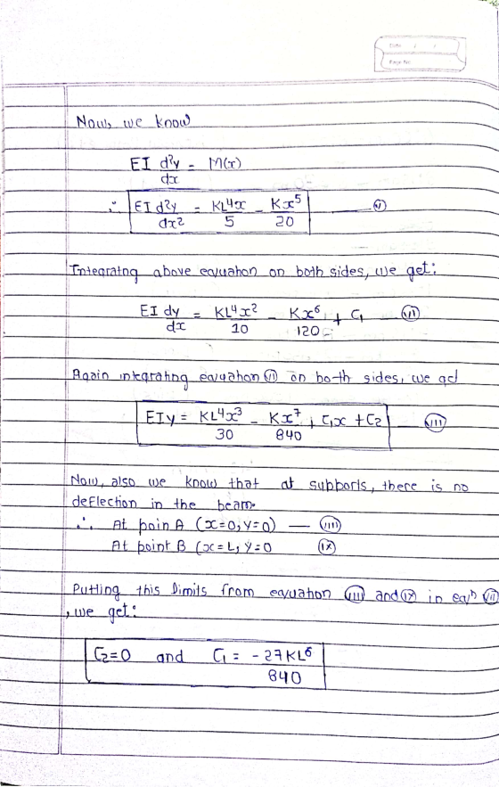Now, we koow EI dy da M() K24x K5 Eldy dr2 5 20 Integrałng_above equahon on both sides, we get: EI dy da Kl4r? 10 Kx5 HG 120