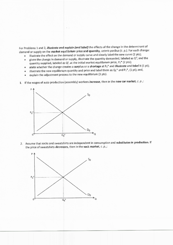 For Problems 1 and 2, illustrate and explain (and label) the effects of the change in the determinant of demand or supply on