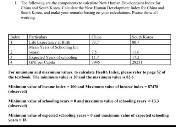 1. The following are the components to calculate New Human Development Index for China and South Korea. Calculate the New Hum