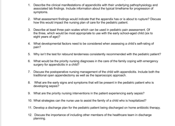 1. Describe the clinical manifestations of appendicitis with their underlying pathophysiology and associated lab findings. In