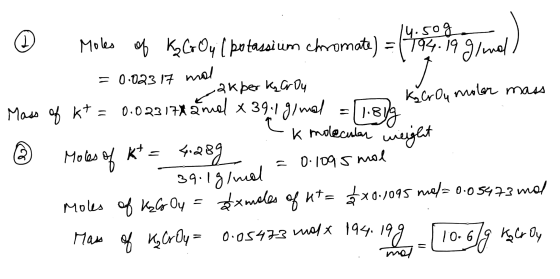 14.50g € Moles of K Co Oy (potassium chromate) = (194. 1991 md) = 0-083 11 л/ акре 4% 0 Kacrou molar mass Мош щ к+ = 0-0 23 1