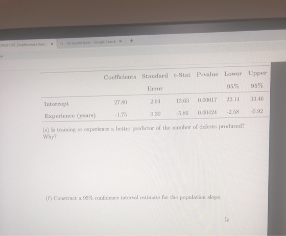 + OPMT1197 Final Review Lecture X G chi square tableGoogle Search w Coefficients Standard t-Stat P-value Lower Upper Error 95
