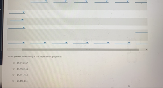 The net present value (NPV) of this replacement project is: $5,693,357 -$3,558,348 $4,744,464 -$5,456,134