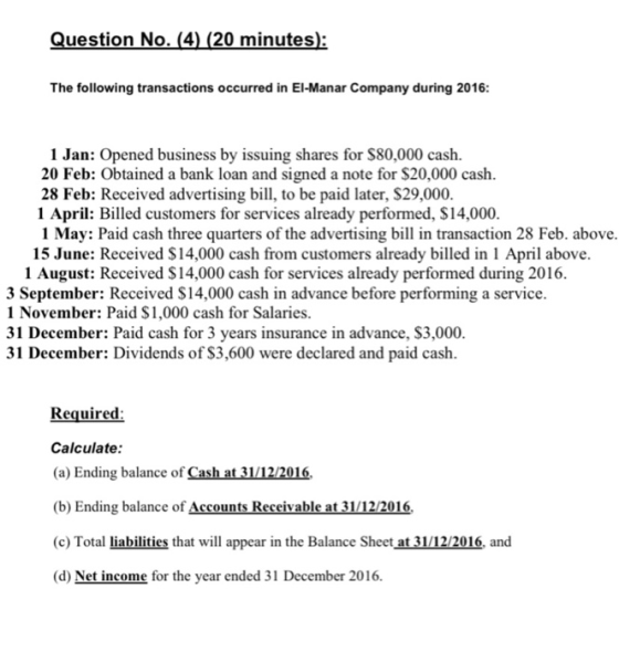Question No. (4) (20 minutes): The following transactions occurred in El-Manar Company during 2016: 1 Jan: Opened business by