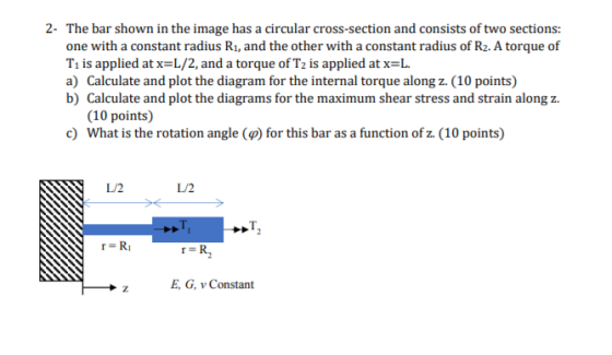 2- The bar shown in the image has a circular cross-section and consists of two sections: one with a constant radius Ri, and t
