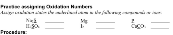 Practice assigning Oxidation Numbers Assign oxidation states the underlined atom in the following compounds or ions: Na2S Mg