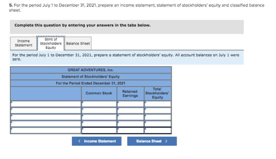 5. For the period July 1 to December 31, 2021, prepare an income statement, statement of stockholders equity and classified