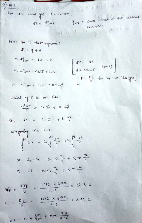 Ans 3 L 0 fer ideal om entmr dSdre Irev peemitady Small amonnt of heat absonbed ENL 3 fist law ot thermodnomies AU 9tN d9e du