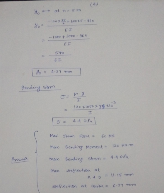 (4) y at no 5m. u 120x25 + 600x5960 EI - 100 + 3000 - 960 - EI 540 EI Iyo = 6.27 mm Bending storm o= M.y 120 xlood X3 Xlo I T