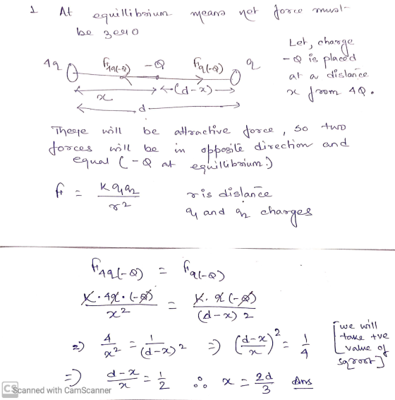 1 At equilliboium means not force must be zero Let, char charge fala) -Q is placed Fialo) . hold-a) from 49 q o at a dislance