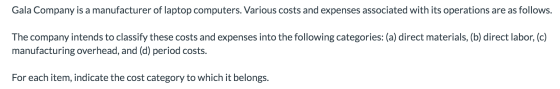 Gala Company is a manufacturer of laptop computers. Various costs and expenses associated with its operations are as follows.