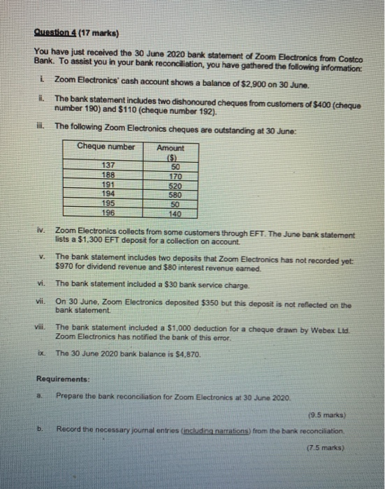 Question 4 (17 marks) You have just received the 30 June 2020 bank statement of Zoom Electronics from Costco Bank. To assist