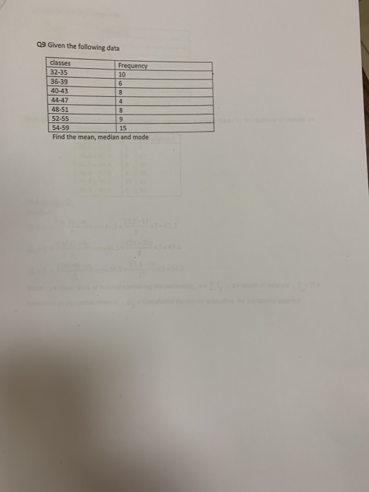 09 Given the following data classes Frequency 32-35 10 36-39 40-43 4. 44-47 48-51 9 52-55 15 54-59 Find the mean, median and