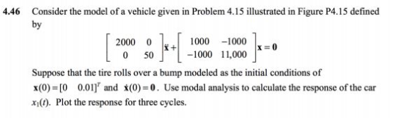 4.46 Consider the model of a vehicle given in Problem 4.15 illustrated in Figure P4.15 defined by 2000 0 0 50 1000 -1000 -1000 11,000 Suppose that the tire rolls over a bump modeled as the initial conditions of x(0) [0 0.01 and x(0) 0. Use modal analysis to calculate the response of the car xi(t). Plot the response for three cycles