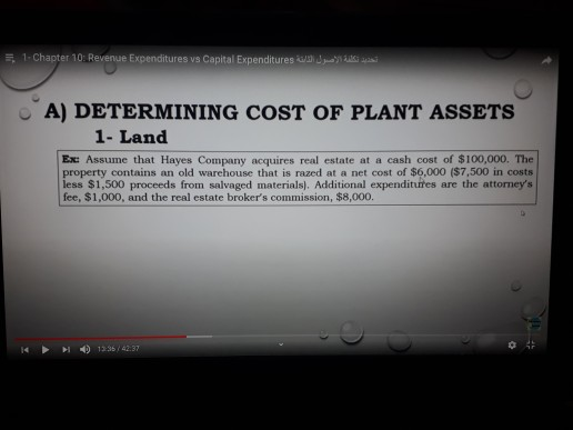 1. Chapter 10: Revenue Expenditures vs Capital Expenditures gali A) DETERMINING COST OF PLANT ASSETS 1- Land Ex Assume that H